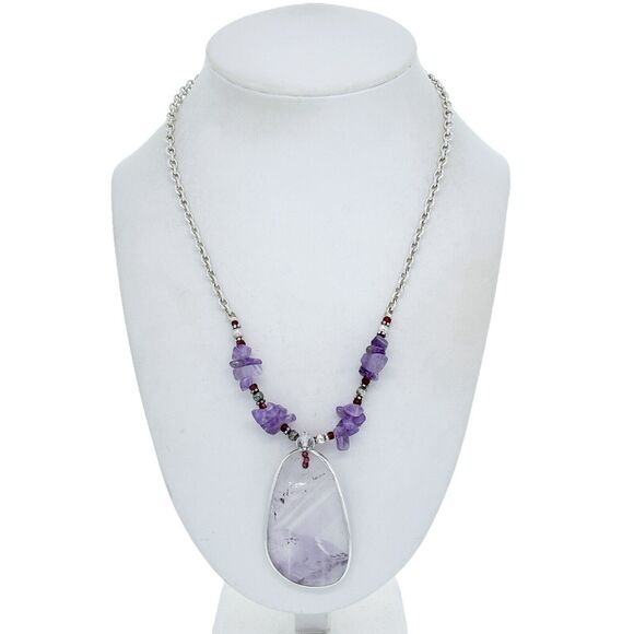 Vintage Sterling Silver 925 Amethyst Nugget & Large Amethyst Slice Necklace 18" - Picture 1 of 5